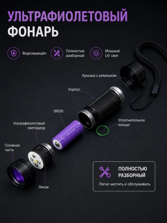 Professional ultrabinafsha fonar 365 nm, 2 ta 18650 akkumulyator