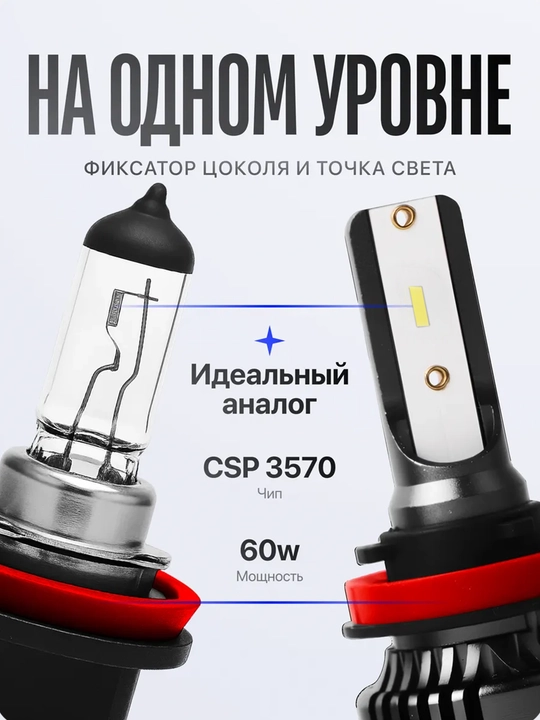 Avtomobil uchun LED chiroqlari H11, H8, H9, 5500K, 60W, 2 dona to‘plam