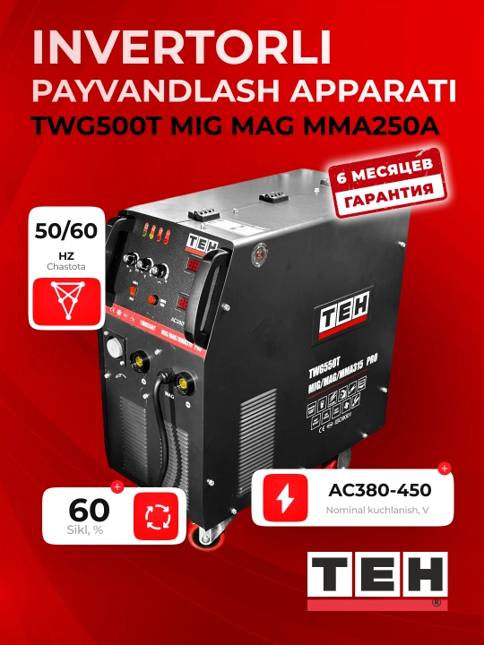 Invertor payvandlash apparati TEH TWG500T (MIG/MAG/MMA 250A), AC 380–450 V, 20–250 A