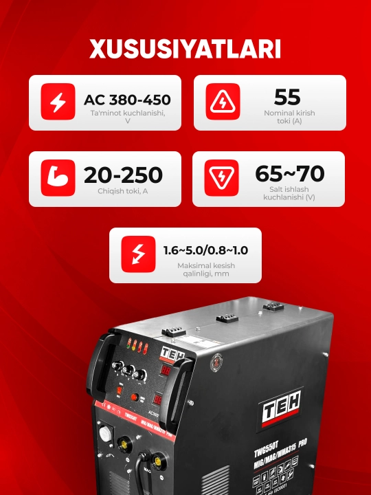 Invertor payvandlash apparati TEH TWG500T (MIG/MAG/MMA 250A), AC 380–450 V, 20–250 A