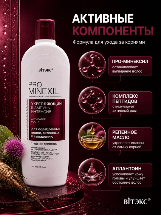 Kuchsiz sochlar uchun PRO MINEXIL intensiv shampuni, mustahkamlovchi, 500 ml, Viteks