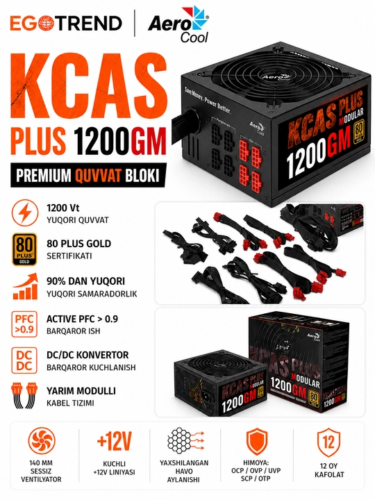 AeroCool KCAS Plus 1200GM 1200W 80 Plus Gold Yarim modulli ATX quvvat manbai, APFC, DC/DC - 