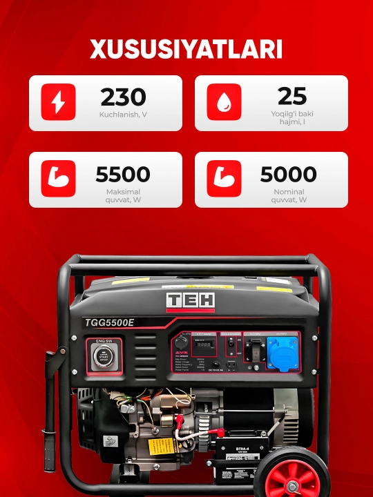 Benzin generator TEH TGG5500E, 5000 Vt, 230 V, ixcham, qora, uy va qurilish uchun