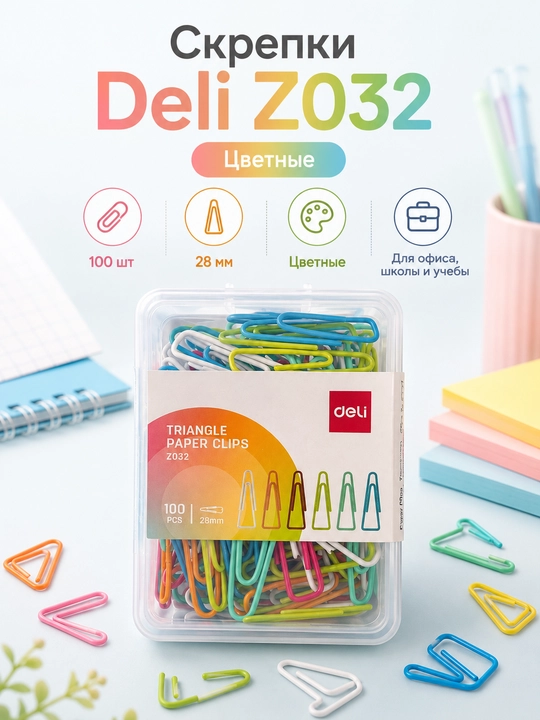 Скрепки цветные 28 мм 100шт в упак, Deli EZ032 - 