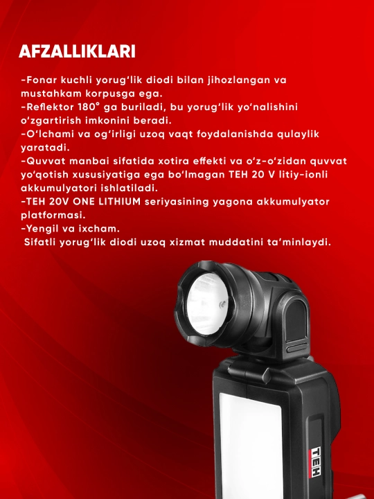 TEH LL1820 akkumulyatorli fonar, 20 V, 250 lm, 2.5 Vt, akkumulyator 2.0Ah