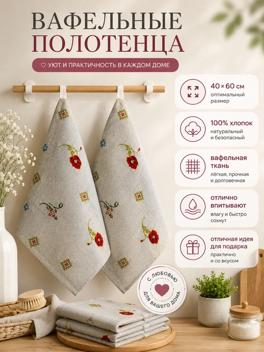 Vafelli salfetkalar, 4 tasi 6 da dona, 100% paxta, suvni yaxshi shimadi, qayta ishlatiladi