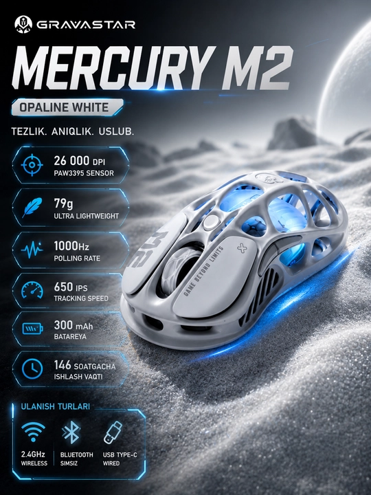 GRAVASTAR MERCURY M2 (OPALINE WHITE) o‘yin sichqonchasi - 