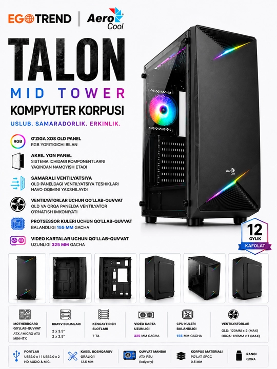 AeroCool Talon RGB Mid Tower ATX qo‘llab-quvvatlaydigan akril yon panelli kompyuter korpusi