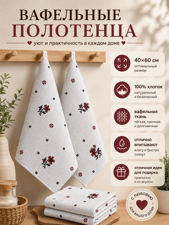 Vafelli salfetkalar, 4 tasi 6 da dona, 100% paxta, suvni yaxshi shimadi, qayta ishlatiladi