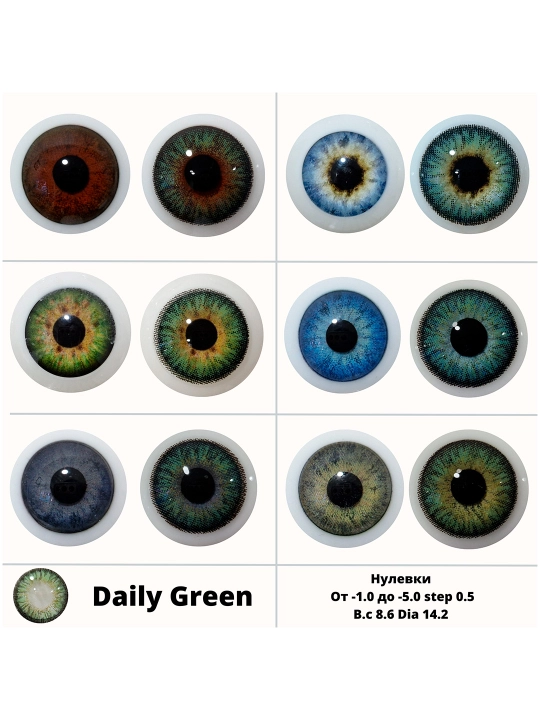DAILY GREEN Rangli kontakt linzalari, yashil rang, BC 8.6, DIA 14.2, 12 oy