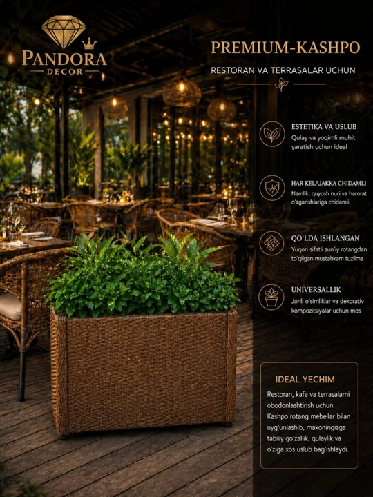 Ayvon, balkon, bog‘, kafe va restoran uchun sun’iy rotangdan tayyorlangan kashpo