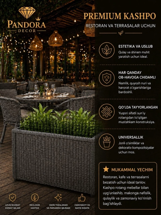 Ayvon, balkon, bog‘, kafe va restoran uchun sun’iy rotangdan tayyorlangan kashpo - 