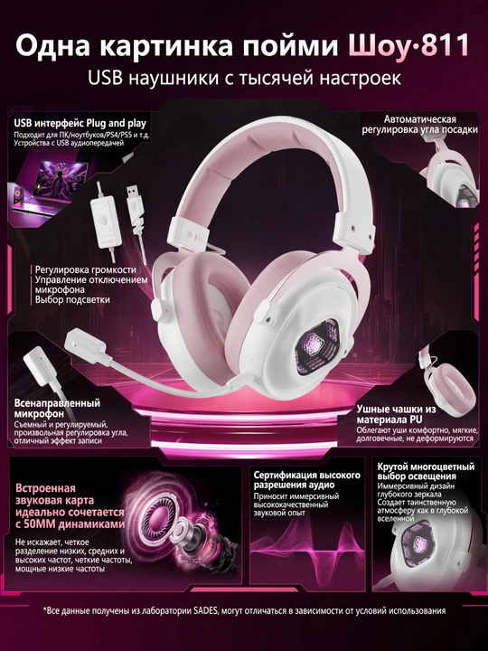 Игровая гарнитура SADES, четыре режима: USB/2.4G/Блютуз/Провод, Hi-Res 50 мм