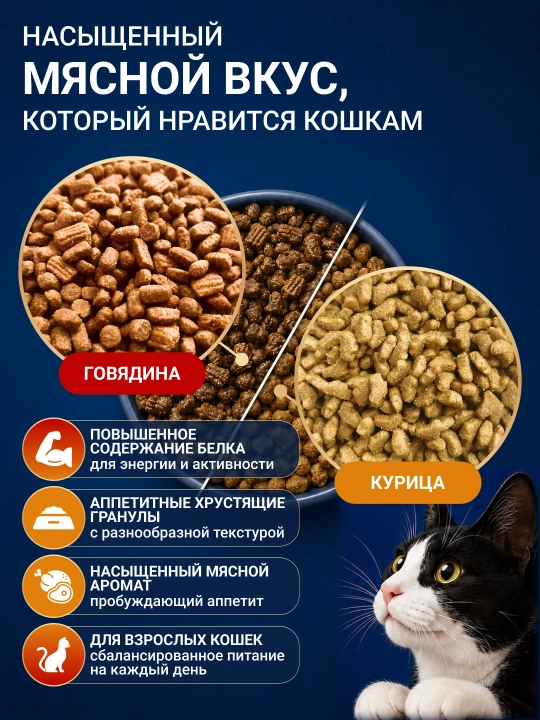Katta mushuklar uchun mol go‘shti va tovuq go‘shtidan tayyorlangan Felix quruq ozuqasi