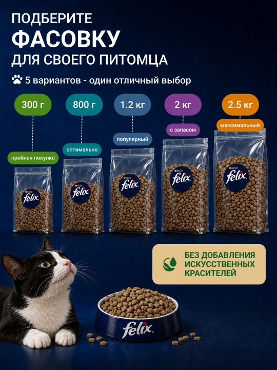 Katta mushuklar uchun mol go‘shti va tovuq go‘shtidan tayyorlangan Felix quruq ozuqasi