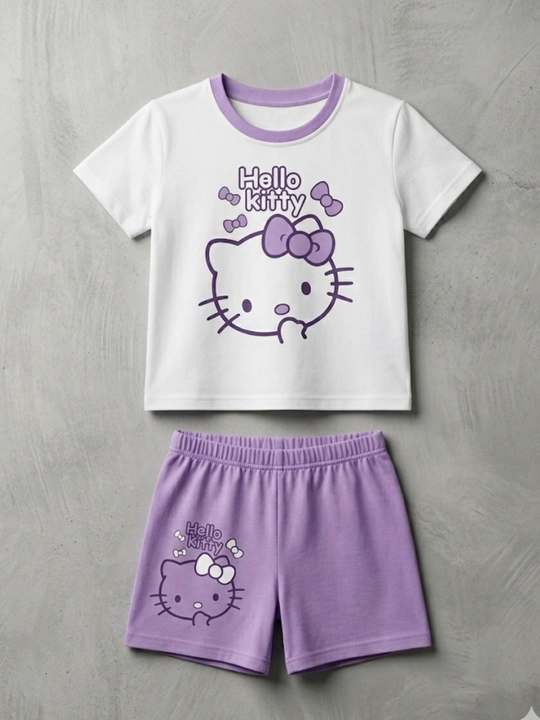 Qizlar uchun Hello Kitty bolalar yozgi kostyumi, futbolka va shortik, 2-3 yosh
