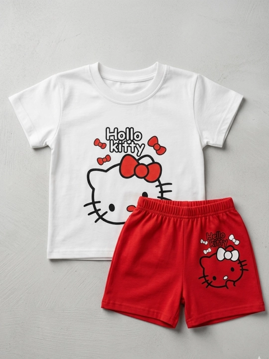 Qizlar uchun Hello Kitty bolalar yozgi kostyumi, futbolka va shortik, 2-3 yosh