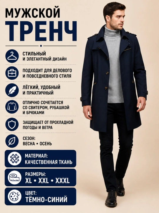 Erkaklar trenchi, kuz va qish uchun plash, erkaklar uchun trench, vetrofka plash - 