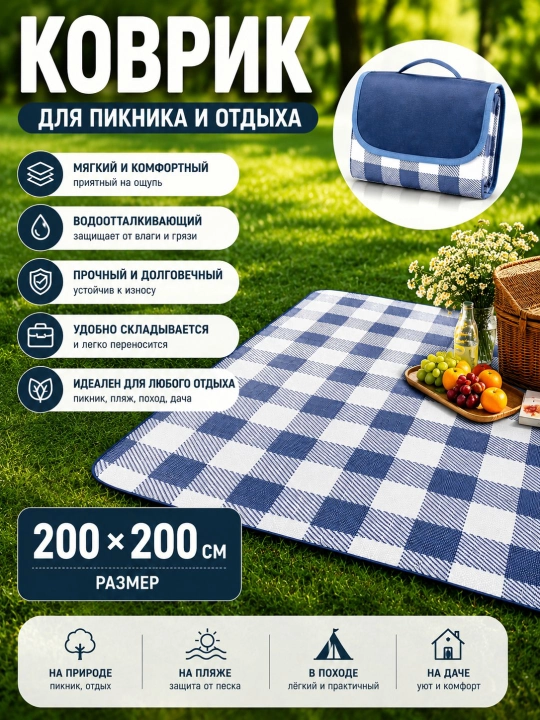 Большой клетчатый коврик для пикника 200x200 см водонепроницаемый - 