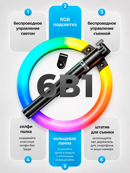 Кольцевая LED-лампа для селфи с RGB-подсветкой и штативом
