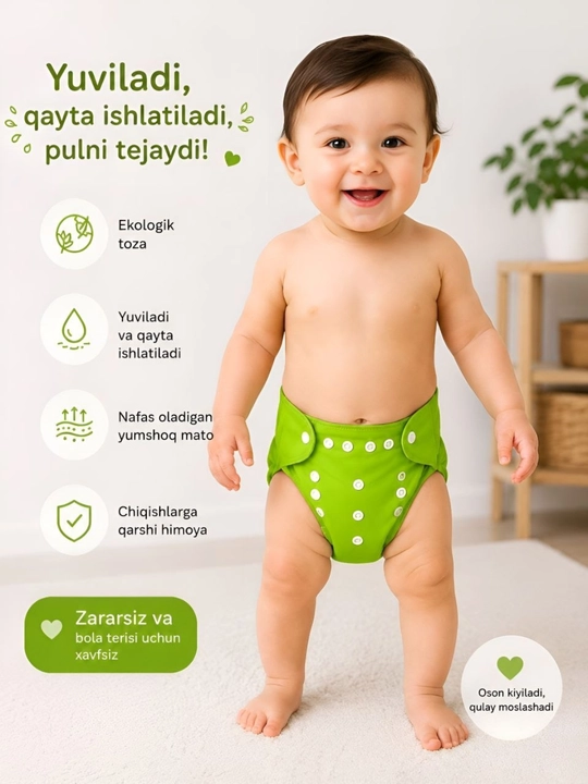 Ko‘p marta ishlatiladigan bolalar tagligi, yuviladigan, o‘lchami sozlanadigan