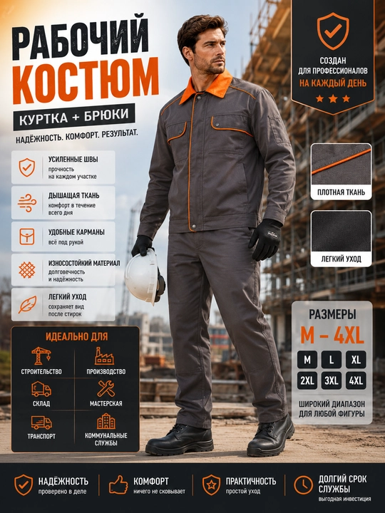 Рабочий костюм мужской, спецодежда для строительства и производства, размер M–4XL - 