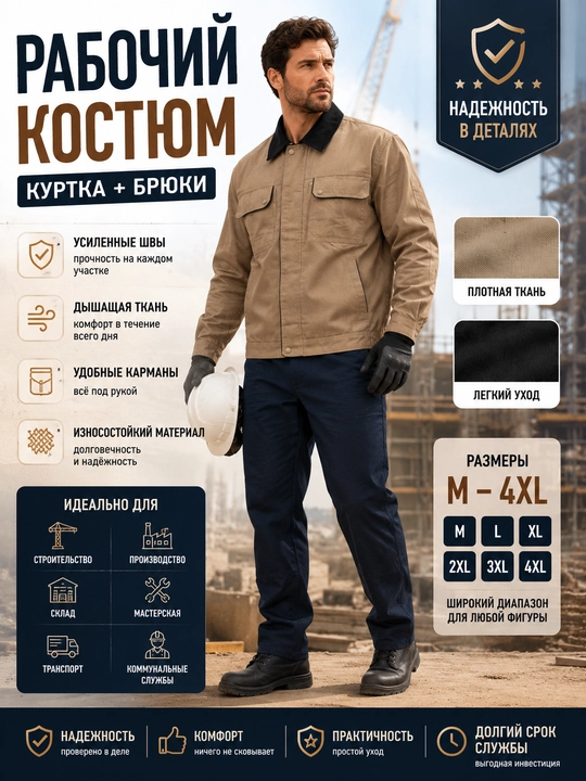 Рабочий костюм мужской, спецодежда для строительства и производства, размер M–4XL - 