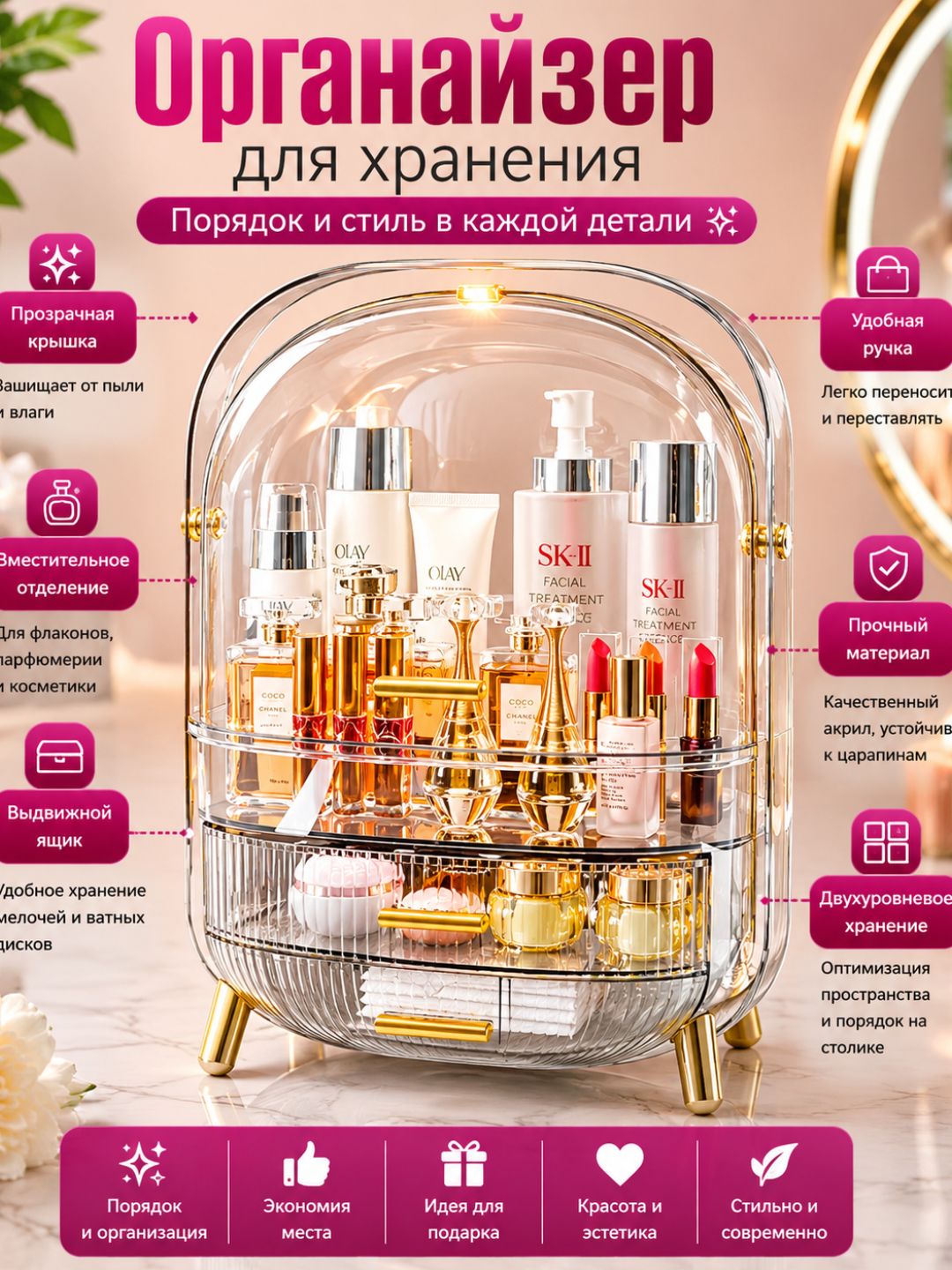 Органайзер для косметики, с зеркалом, коробка для макияжа, большой - 