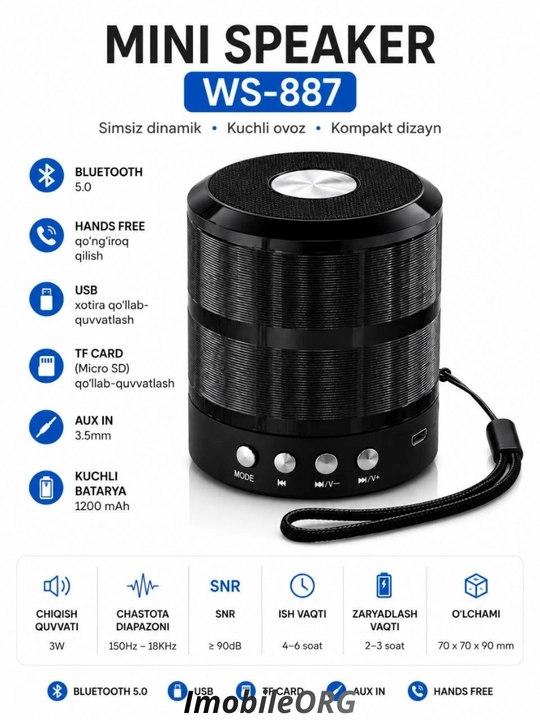 WS-887 Mini Kolonka USB, Bluetooth kalonka, sifatli kalongka