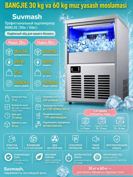 Льдогенератор, приготовление льда для коктейлей, профессиональный 30 / 60 кг в сутки