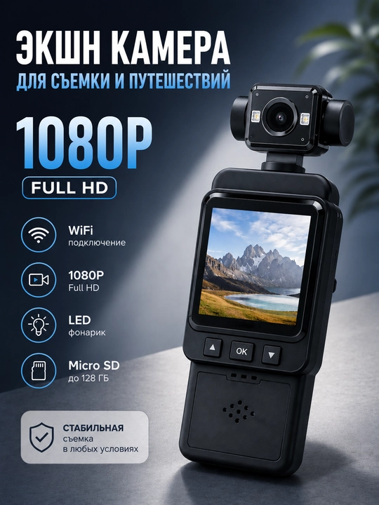 Ekshn kamera Sport va videoblog Full HD 1080p Wi-Fi  + 64 Gb micro SD - 
