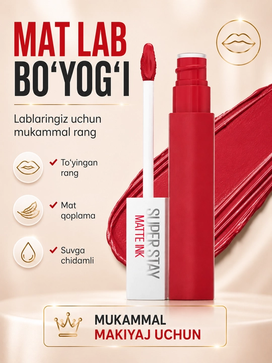 Suyuq matlovchi pomada Super Stay Matte, uzoq saqlanuvchi mat lab bo‘yog‘i