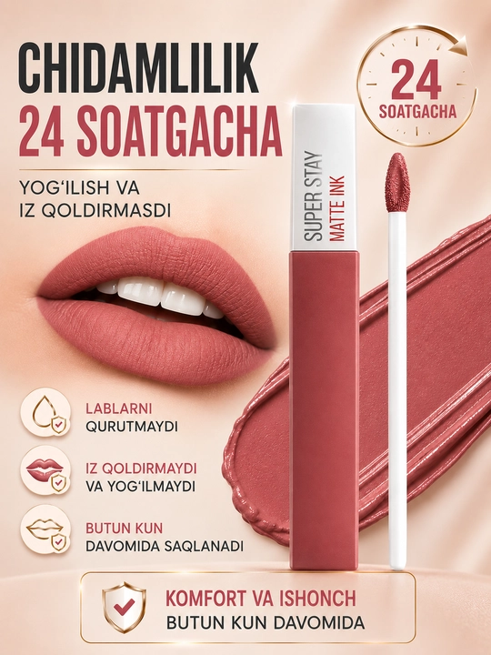 Suyuq matlovchi pomada Super Stay Matte, uzoq saqlanuvchi mat lab bo‘yog‘i
