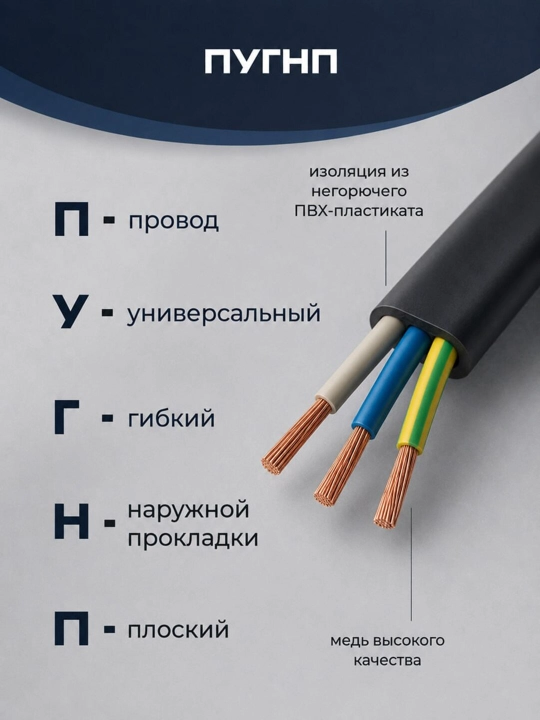Uzkabel PUGNP elektr simi, 3 ta sim, 3x1.5-3x2.5 mm2 o‘lchamli yassi mis kabel, 5-100 m