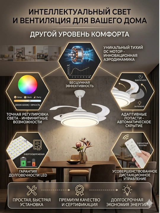Умная люстра-вентилятор 2 в 1 с дистанционным управлением