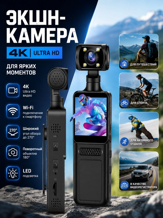 Компактная экшн-камера 4K с Wi-Fi, объективом 180° и флешкой 128 ГБ - 