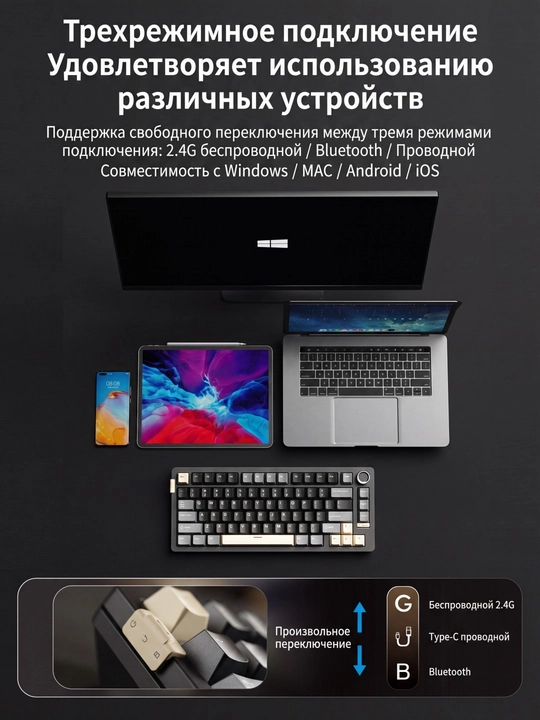 SADES RGB yoritilgan o‘yin klaviaturasi, 75%, 6000 mA·s, uch rejim: BT/2.4G/USB