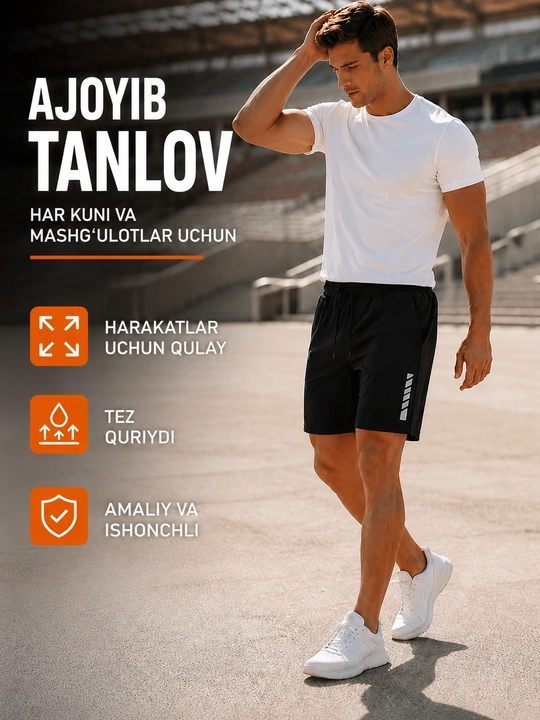 Erkaklar uchun qora sport shortilari - fitnes, yugurish, sport zali va yurish uchun