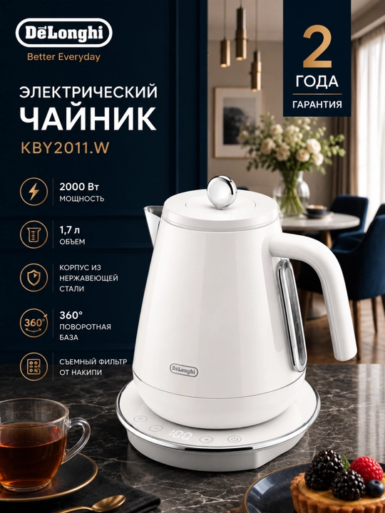 Чайник De'Longhi KBY2011, коллекция Eclettica, 1.7 л, 2000 Вт, нержавеющая сталь - 