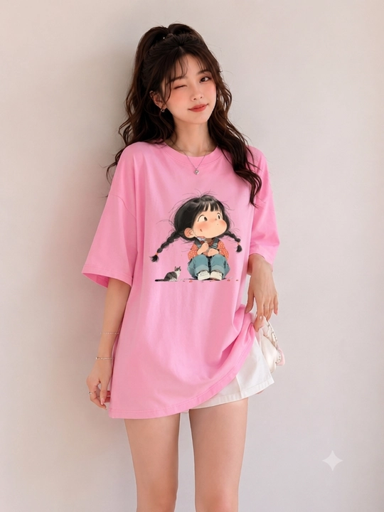 Ayollar futbolkasi, printli, keng fason, oq/pushti/qora, 9 tur, M-XL
