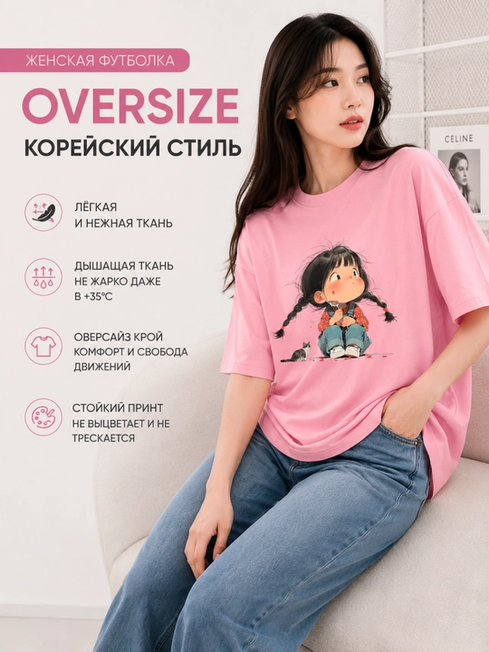 Ayollar futbolkasi, printli, keng fason, oq/pushti/qora, 9 tur, M-XL