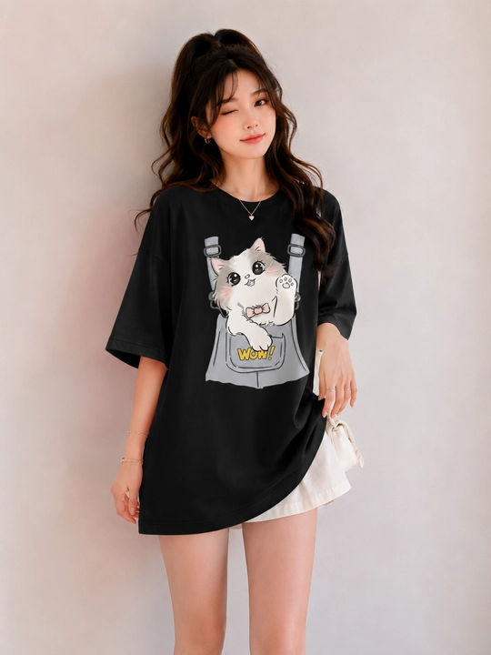 Ayollar futbolkasi, printli, keng fason, oq/pushti/qora, 9 tur, M-XL