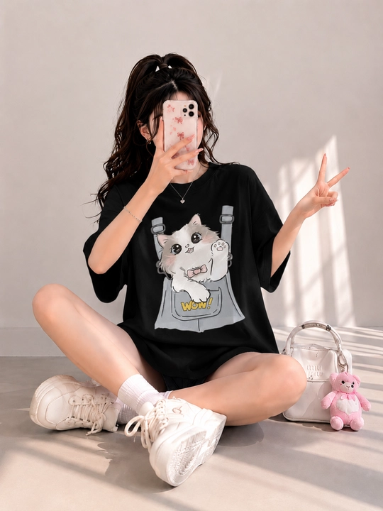 Ayollar futbolkasi, printli, keng fason, oq/pushti/qora, 9 tur, M-XL