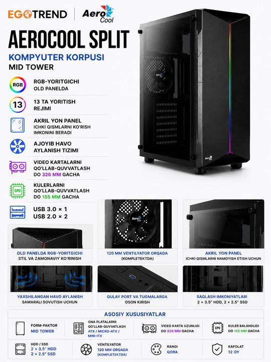 AeroCool Split RGB Mid Tower Kompyuter Keys korpusi, akril yon panel, USB 3.0, ATX - 