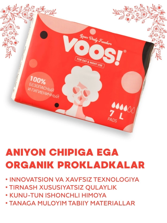 Prokladka VOOS L organik, innovatsion anion chipli gigiyenik prokladkalar