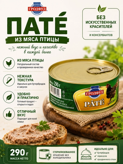 Паштет из мяса цыплёнка-бройлера Grodfood, консервированный, 290 г - 