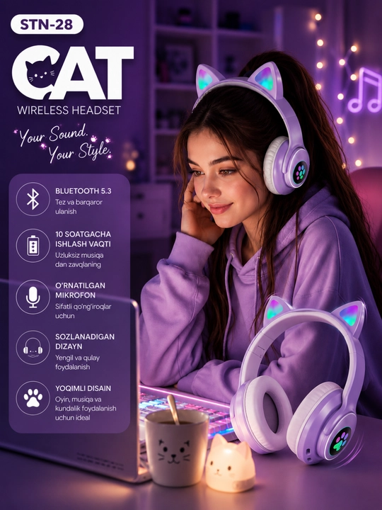 Беспроводные наушники CAT STN-28 RGB с кошачьими ушками, Bluetooth и микрофоном - 