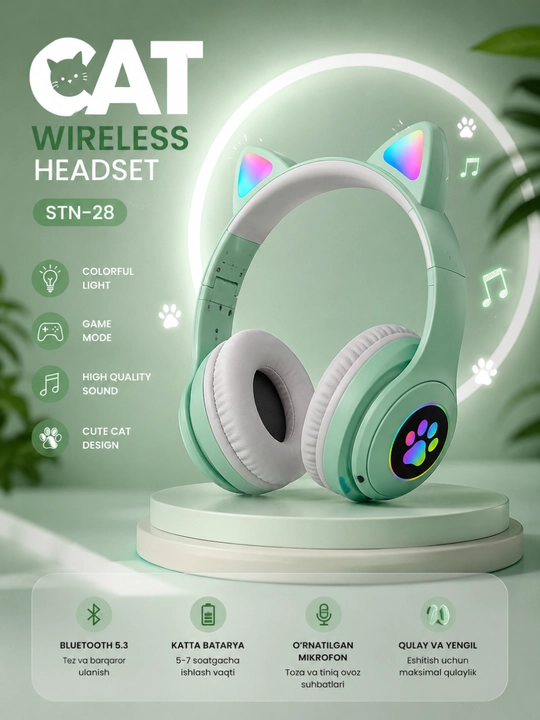 Беспроводные наушники CAT STN-28 RGB с кошачьими ушками, Bluetooth и микрофоном - 