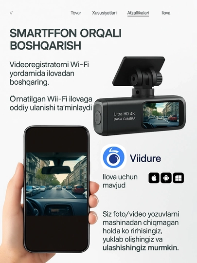 Videoregistrator 4K GPS Wi-Fi, 2 kamera, Parking Monitoring, G-Sensor, 64GB MicroSD bilan 6