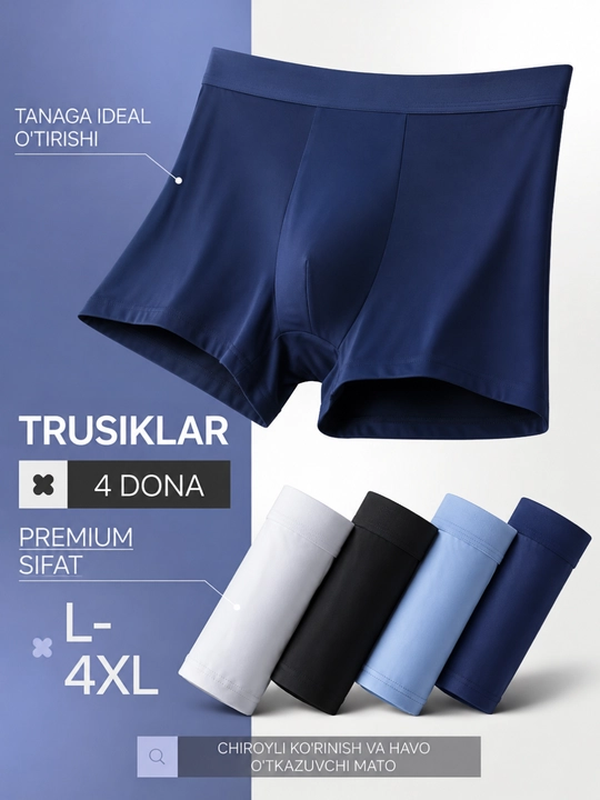 Erkaklar trusiklari, bokserlar, to‘plam, tabiiy materialdan, to'plamda 4 dona